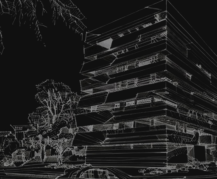 laranegativo1 Croquis a mano del Edificio Lara en León, trazo blanco sobre fondo negro